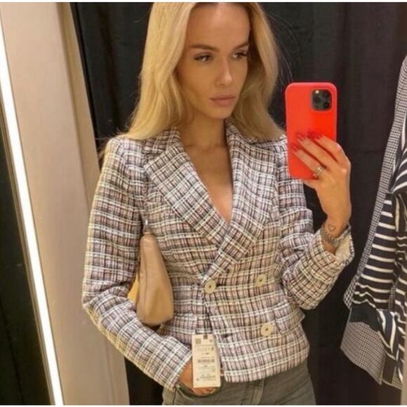 Zara double breasted textured weave jacket blazer - Picture 2 of 15